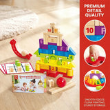 Colorful wooden Grow With Me Blocks with numbers and letters on a wooden surface, accompanied by promotional text about premium quality.