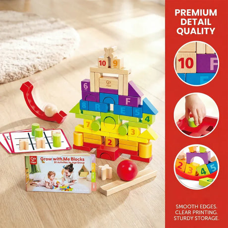 Colorful wooden Grow With Me Blocks with numbers and letters on a wooden surface, accompanied by promotional text about premium quality.