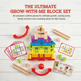 Grow-with-me block set with colorful blocks, cards, and a red handle on a white wooden surface.