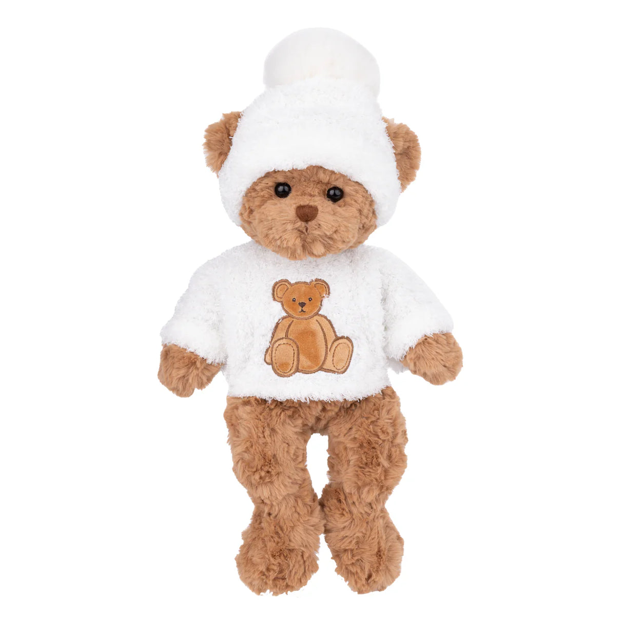 Plush brown Hunter Bear wearing a white hat and sweater on a white background.