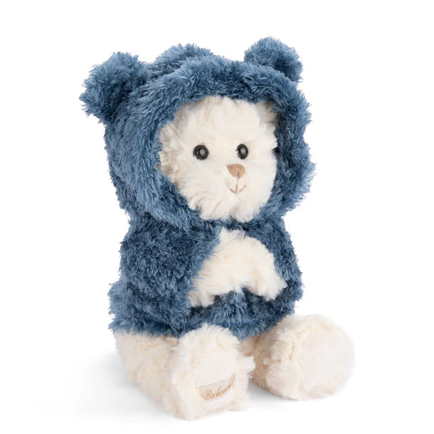 Plush Jacob bear wearing a blue hoodie on a white background