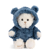 Plush Jacob bear wearing a blue hoodie on a white background