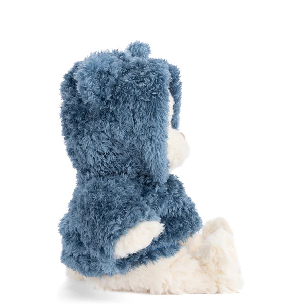 Plush Jacob bear wearing a blue hoodie on a white background