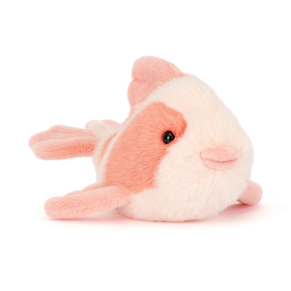 Soft plush Fancy Carp toy in gentle pink and white tones with a friendly face, perfect as a cuddly companion for children and a charming addition to any toy collection.