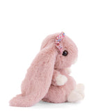 Pink plush Kanina - Flower Ears bunny with a colorful bow on a white background