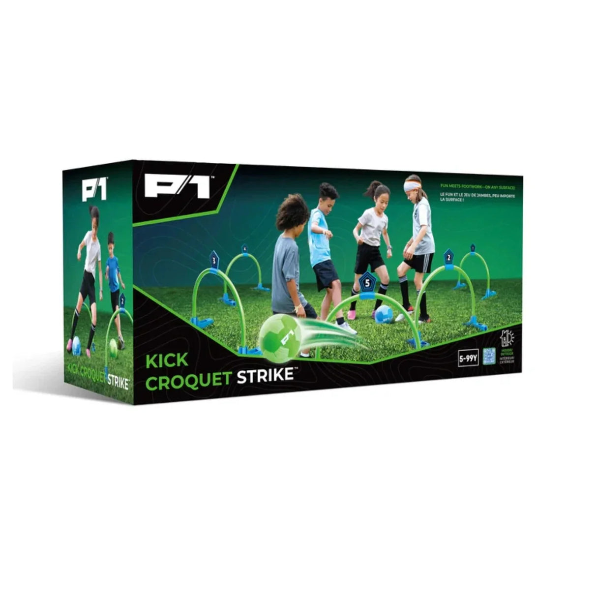P1 Kick Croquet Strike product packaging with children playing on a grass field.