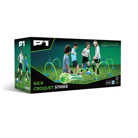P1 Kick Croquet Strike product packaging with children playing on a grass field.