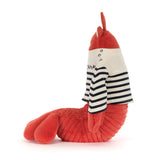 Soft red lobster plush toy dressed in a striped sailor top, featuring the Larry Lobster Sailor Outfit, perfect for kids dress-up and imaginative play.