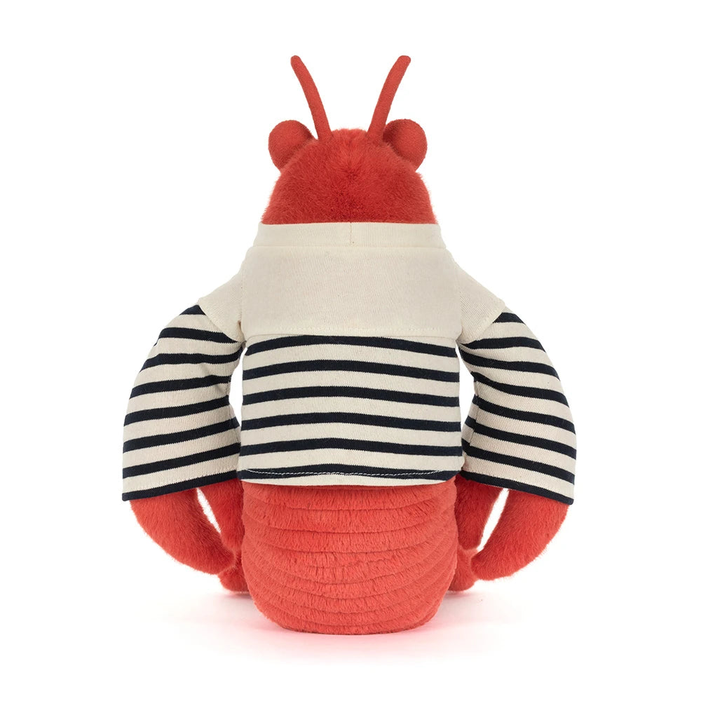 Plush lobster toy dressed in a cozy black and white striped sailor shirt, part of the Larry Lobster Sailor Outfit, perfect for kids' dress-up and imaginative play.