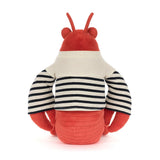 Plush lobster toy dressed in a cozy black and white striped sailor shirt, part of the Larry Lobster Sailor Outfit, perfect for kids' dress-up and imaginative play.