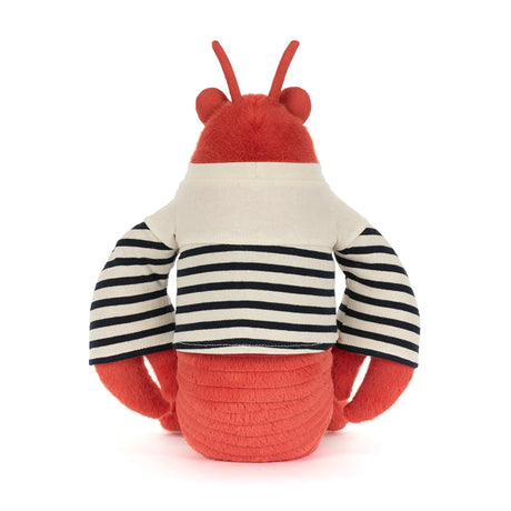 Plush lobster toy dressed in a cozy black and white striped sailor shirt, part of the Larry Lobster Sailor Outfit, perfect for kids' dress-up and imaginative play.
