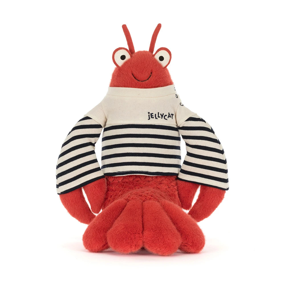 Larry Lobster Sailor Outfit that is a red plush lobster toy wearing a striped sailor shirt with "Jellycat" text, perfect for kids dress-up and imaginative play.