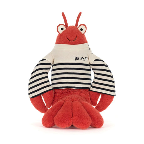 Larry Lobster Sailor Outfit that is a red plush lobster toy wearing a striped sailor shirt with "Jellycat" text, perfect for kids dress-up and imaginative play.