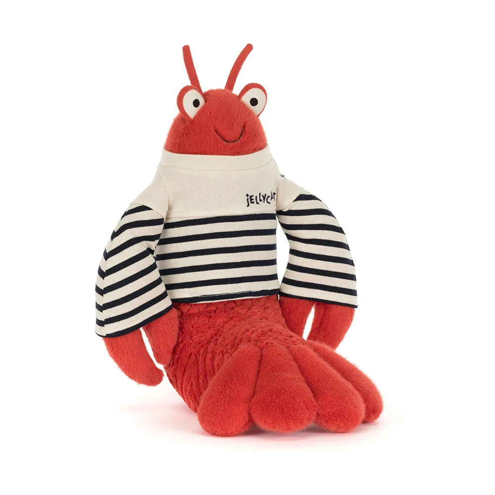 Soft red plush lobster wearing a striped sailor shirt with the text Jellycat on it. Larry Lobster Sailor Outfit, perfect as a kids dress-up or stuffed animal toy.