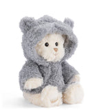 Plush Lucas Bear wearing a grey hoodie on a white background