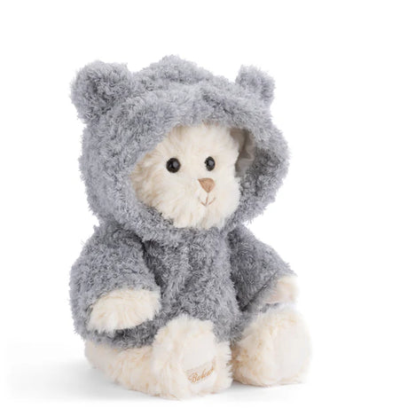 Plush Lucas Bear wearing a grey hoodie on a white background