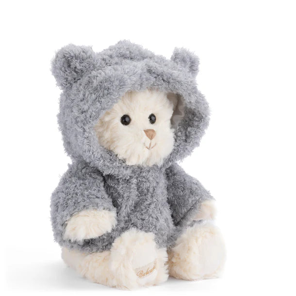 Plush Lucas Bear wearing a grey hoodie on a white background