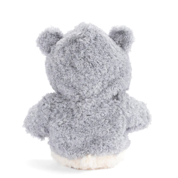 Plush Lucas Bear wearing a grey hoodie on a white background