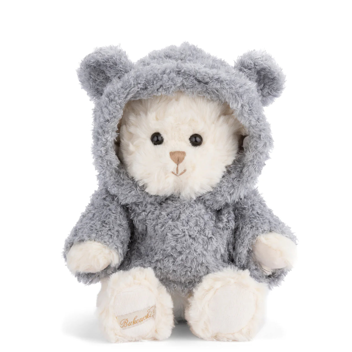Plush Lucas Bear wearing a grey hoodie on a white background