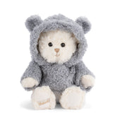 Plush Lucas Bear wearing a grey hoodie on a white background