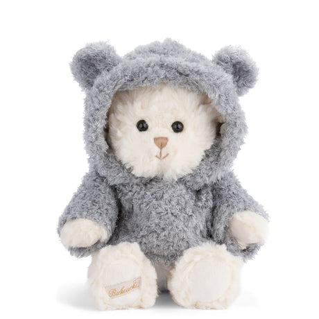 Plush Lucas Bear wearing a grey hoodie on a white background