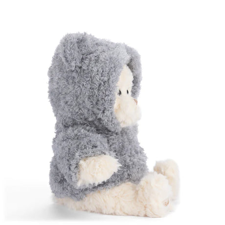 Plush Lucas Bear wearing a grey hoodie on a white background