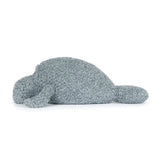 Soft gray plush stuffed animal shaped like a manatee lying flat, designed as a cuddly toy named Maffles Manatee for children’s play and comfort.