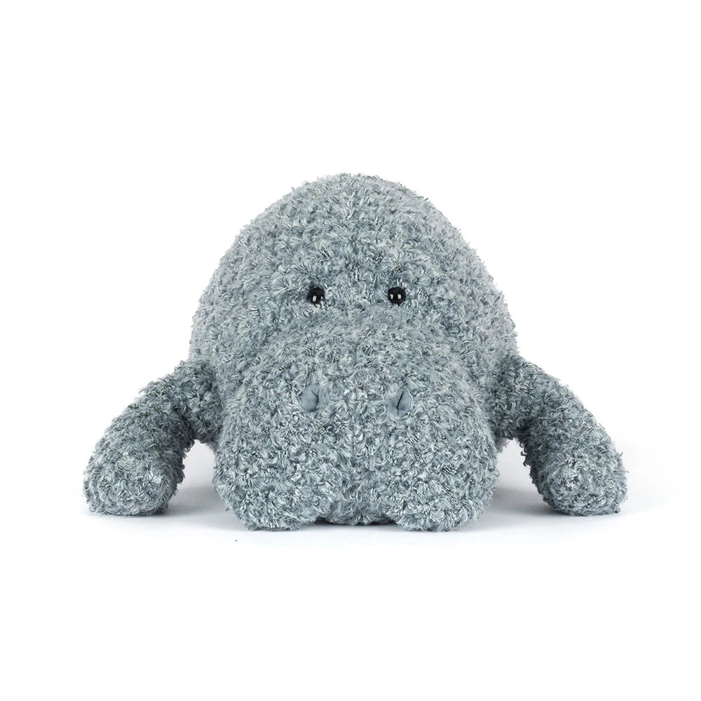 Soft and cuddly gray plush Maffles Manatee toy with a textured surface and small black eyes, perfect for toddler toys and kids' stuffed animal collections.