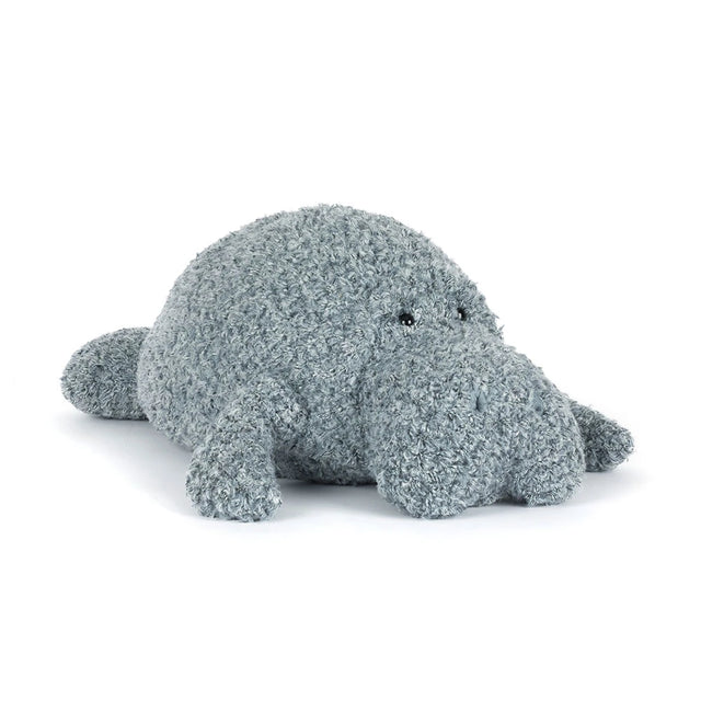 Soft and cuddly Maffles Manatee plush toy in textured gray fabric, designed as a charming stuffed animal perfect for toddler toys and kids' birthday gifts.