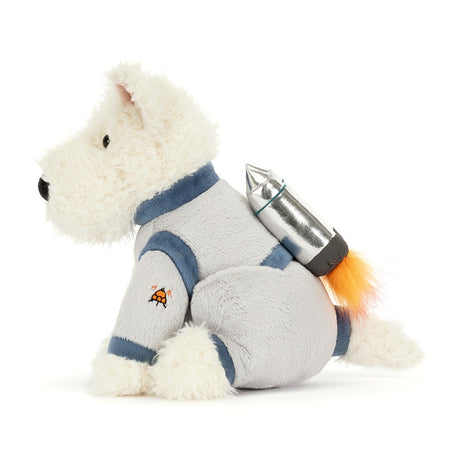 Munro Scottie Dog Space Outfit plush dog toy with a space suit and rocket on a white background