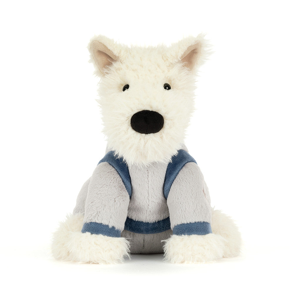 Munro Scottie Dog Space Outfit white plush dog toy on a white background