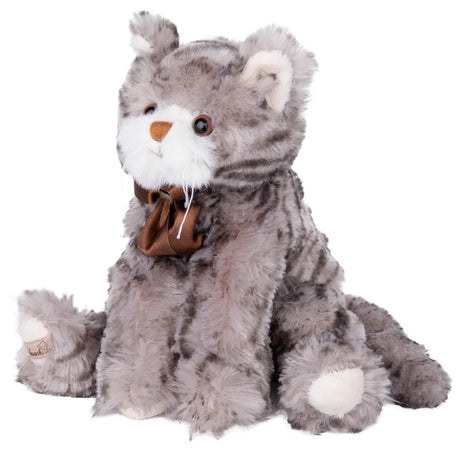 Plush toyMaciek the cat with a brown bow tie on a white background