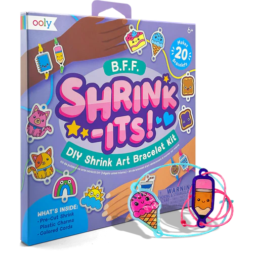 Ooly B.F.F. Shrink-Its DIY Shrink Art Bracelet Kit packaging with shrink art bracelets displayed.