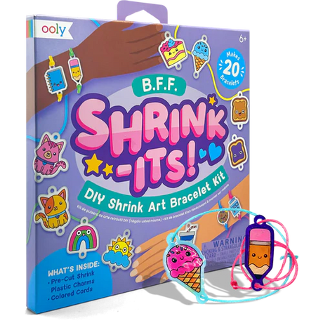 Ooly B.F.F. Shrink-Its DIY Shrink Art Bracelet Kit packaging with shrink art bracelets displayed.