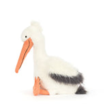 Soft plush white and gray bird with an orange beak and feet, designed as the Keli Pelican stuffed animal for children's play and decor.