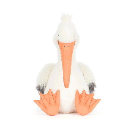 Soft plush Keli Pelican toy with a long orange beak, fluffy white body, gray wing tips, and large orange webbed feet, perfect for kids' imaginative play.