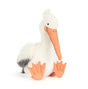 Keli Pelican plush toy with soft white and gray body, large orange beak, and orange webbed feet, perfect as a cuddly stuffed animal gift for children.