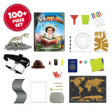 Assorted educational toys and materials including a VR Atlas, world map, and various tools on a white background.