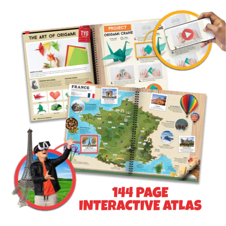 Open interactive VR Atlas with map and educational content, featuring a smartphone with a video app overlay.