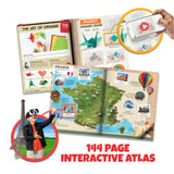 Open interactive VR Atlas with map and educational content, featuring a smartphone with a video app overlay.