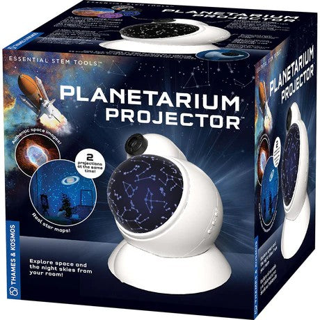 Boxed planetarium projector with images of space and stars on a dark blue background