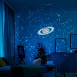 Room with a starry night sky projection on the wall, featuring constellations and Saturn.