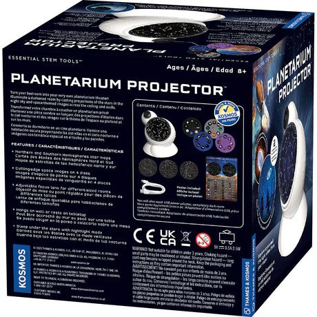 Box of a planetarium projector with text and graphics on a white background