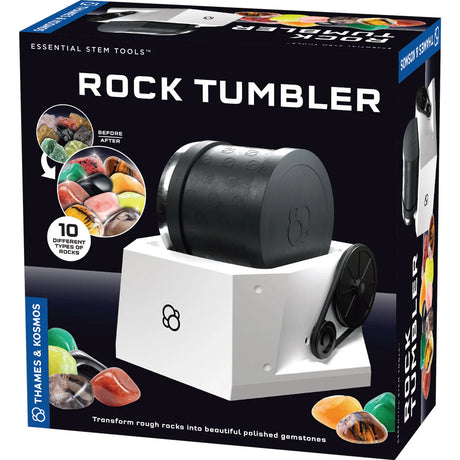 Boxed The Thames & Kosmos Rock Tumbler with images of polished stones on a black background