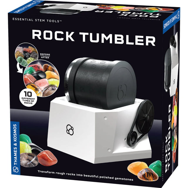 Boxed The Thames & Kosmos Rock Tumbler with images of polished stones on a black background