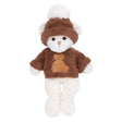 White plush River Bear wearing a brown hat and sweater on white background. 