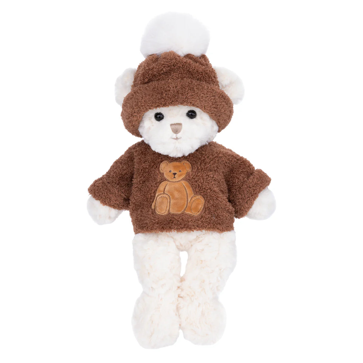 White plush River Bear wearing a brown hat and sweater on white background. 