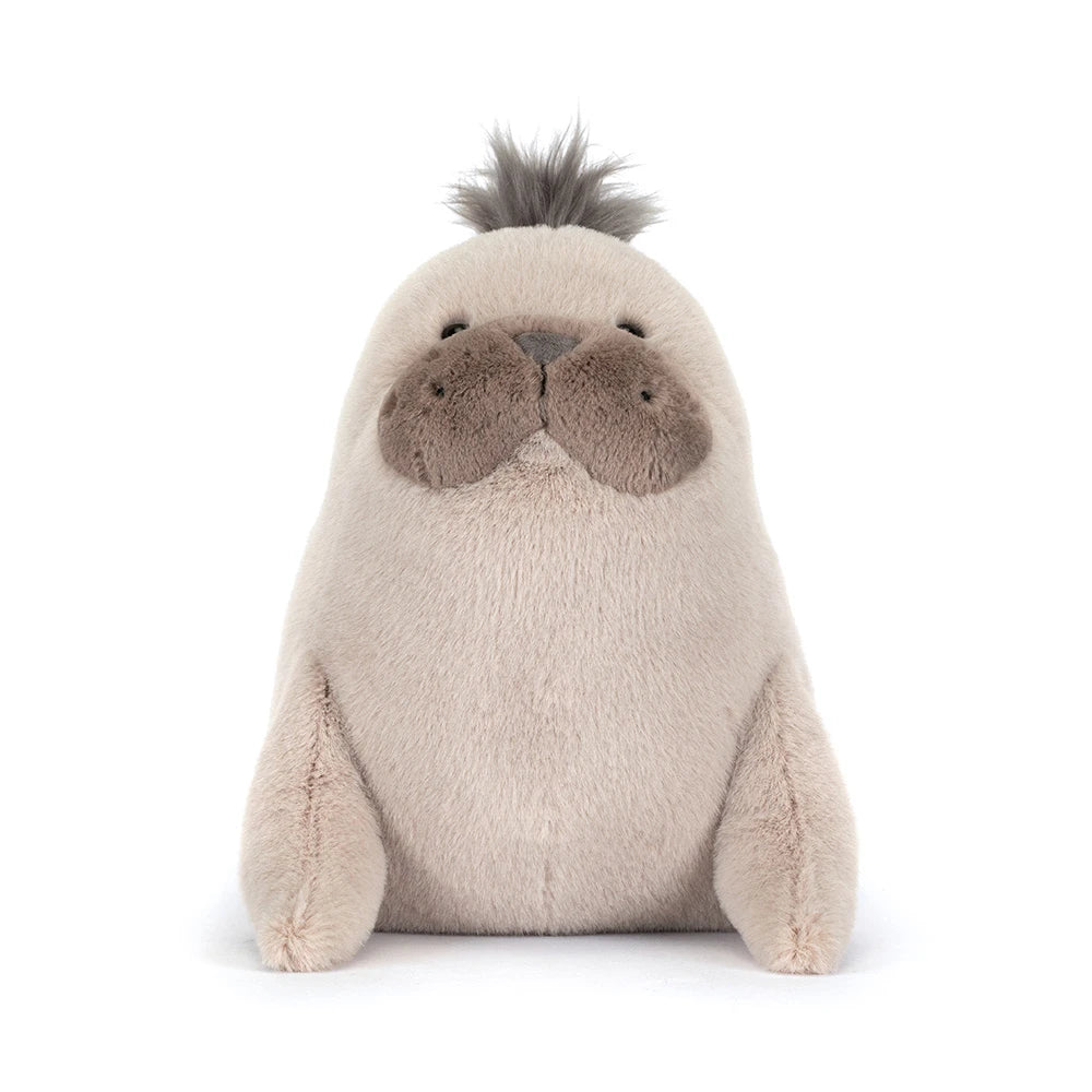 Roarwell Sea Lion plush toy with soft beige fur, dark brown snout, and tuft of gray hair, designed as a cute stuffed animal for kids and collectors.