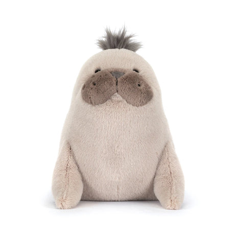 Roarwell Sea Lion plush toy with soft beige fur, dark brown snout, and tuft of gray hair, designed as a cute stuffed animal for kids and collectors.