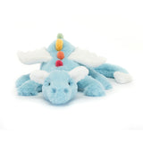 Soft blue plush dragon toy with white wings and colorful spikes lying down, called Sky Dragon Large, designed as a cuddly children’s stuffed animal.